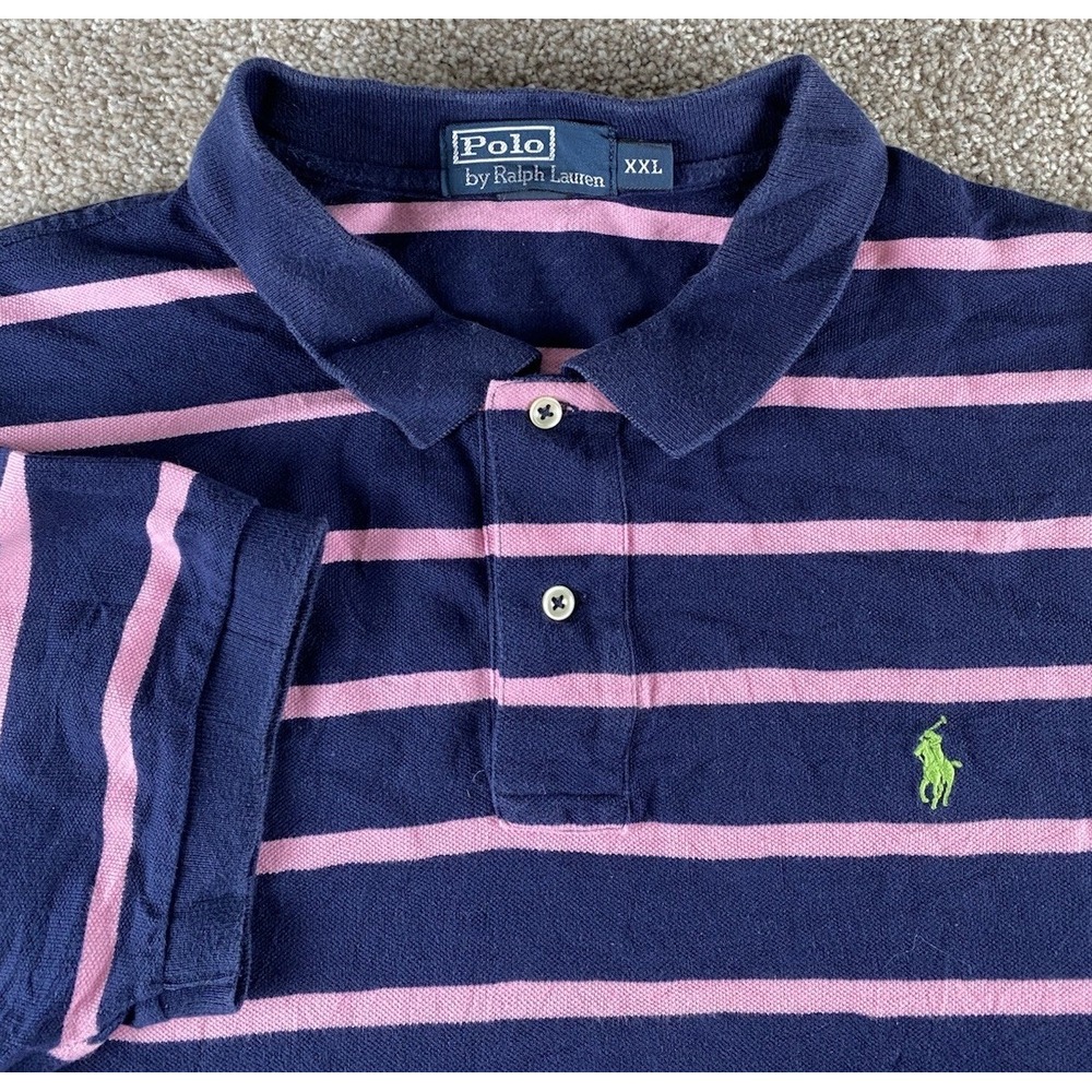 Polo Ralph Lauren Pink/Blue Striped Polo Shirt Cotton Green Pony Mens XXL Preppy
